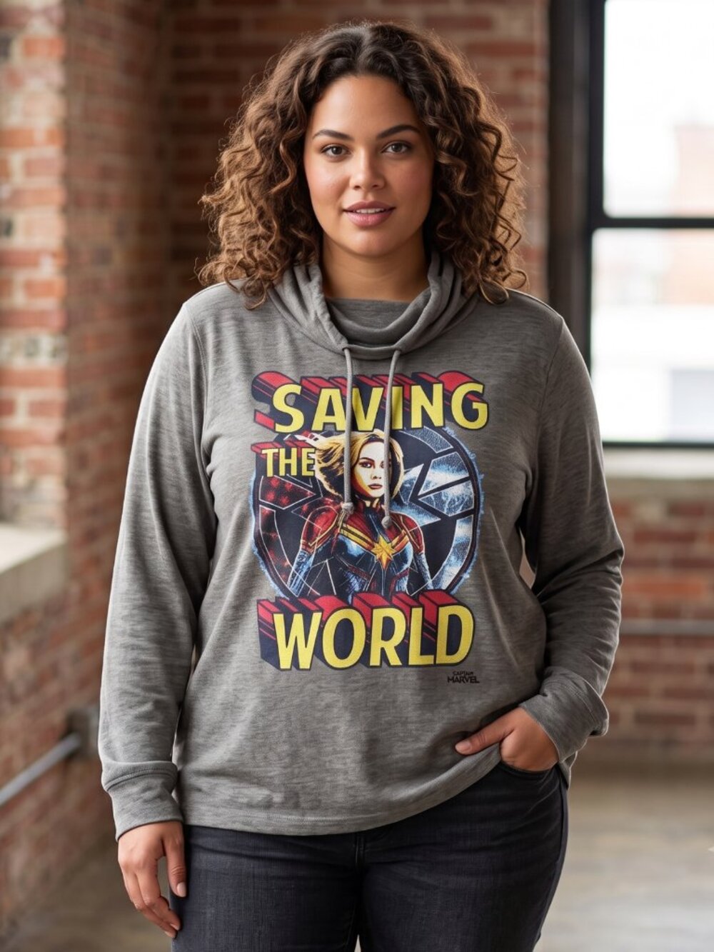 NWOT Marvel Captain Marvel "Saving the World" Graphic Hooded Shirt | Size Large